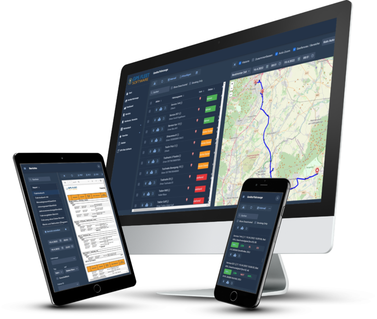 GPS Fleet Software Fahrspur in Echtzeit, digitales Fahrtenbuch und Fahrzeugliste mit Status